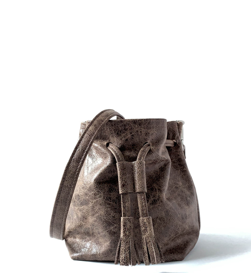 Grey Distressed Leather Mini Bucket Bag